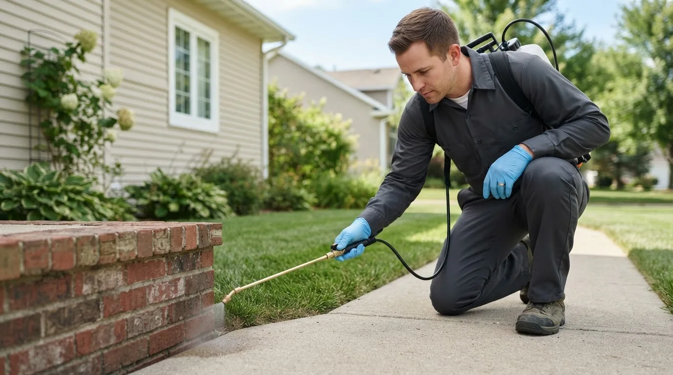 Pest control technician treating a home near Mcdade, TX