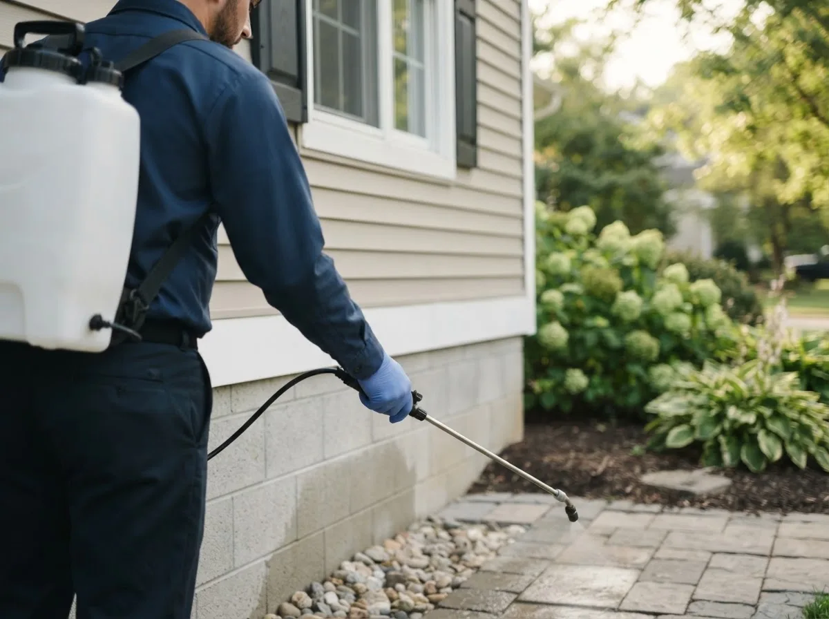Pest control technician inspecting a home in Mcdade, TX